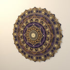 A close-up angled view of the multi-layered circular mandala wall art featuring intricate geometric and celestial patterns in gold and plum tones.