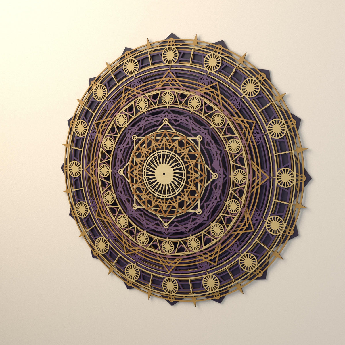 A close-up angled view of the multi-layered circular mandala wall art featuring intricate geometric and celestial patterns in gold and plum tones.