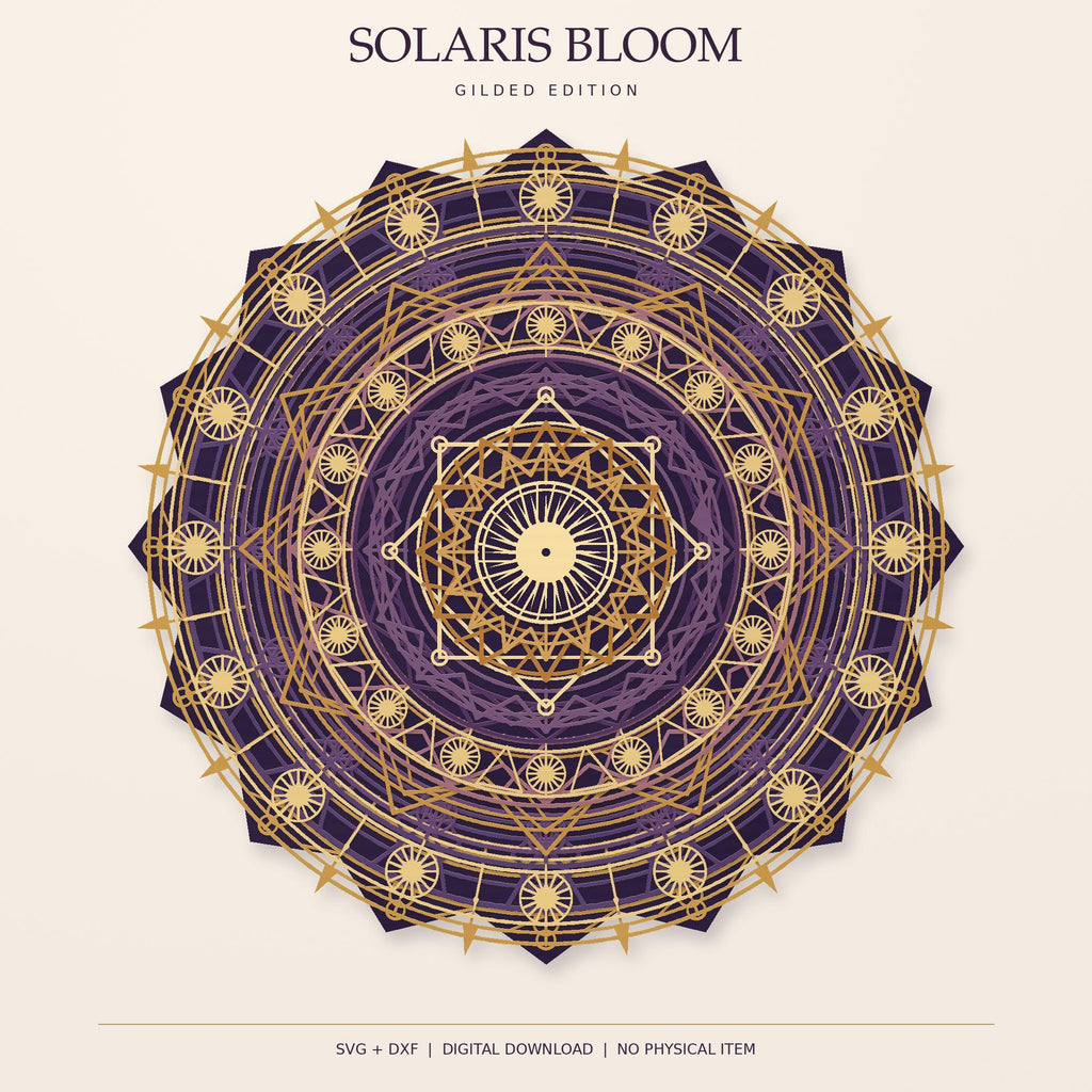 A digital graphic showcasing the Solaris Bloom gilded edition mandala with the title and file format text below.