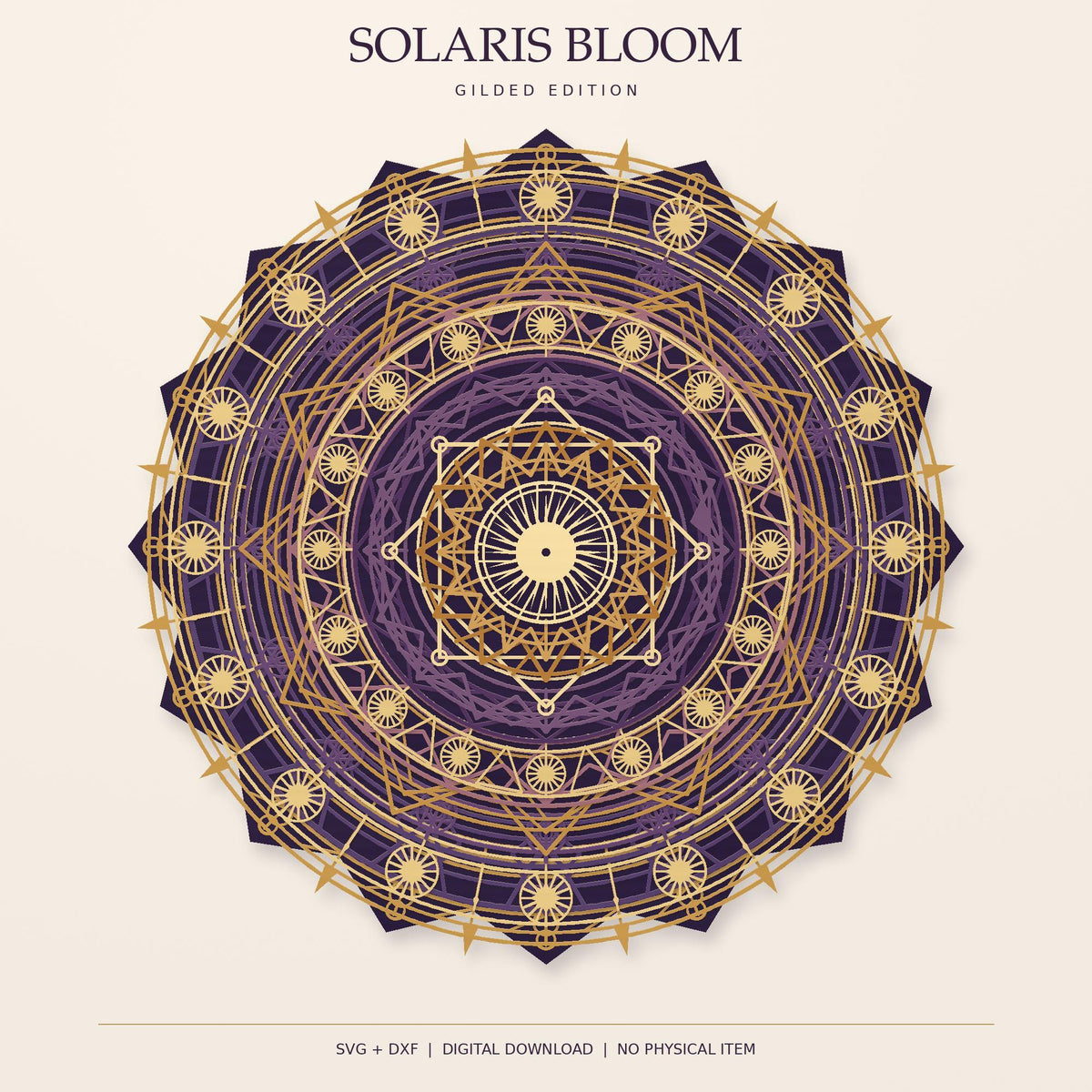 A digital graphic showcasing the Solaris Bloom gilded edition mandala with the title and file format text below.