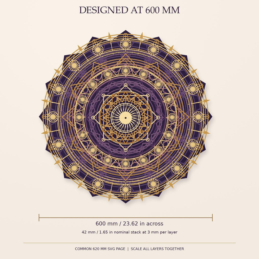 A diagram of the circular mandala showing dimension measurements of 600 mm across and 42 mm stack depth.