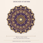 A diagram of the circular mandala showing dimension measurements of 600 mm across and 42 mm stack depth.