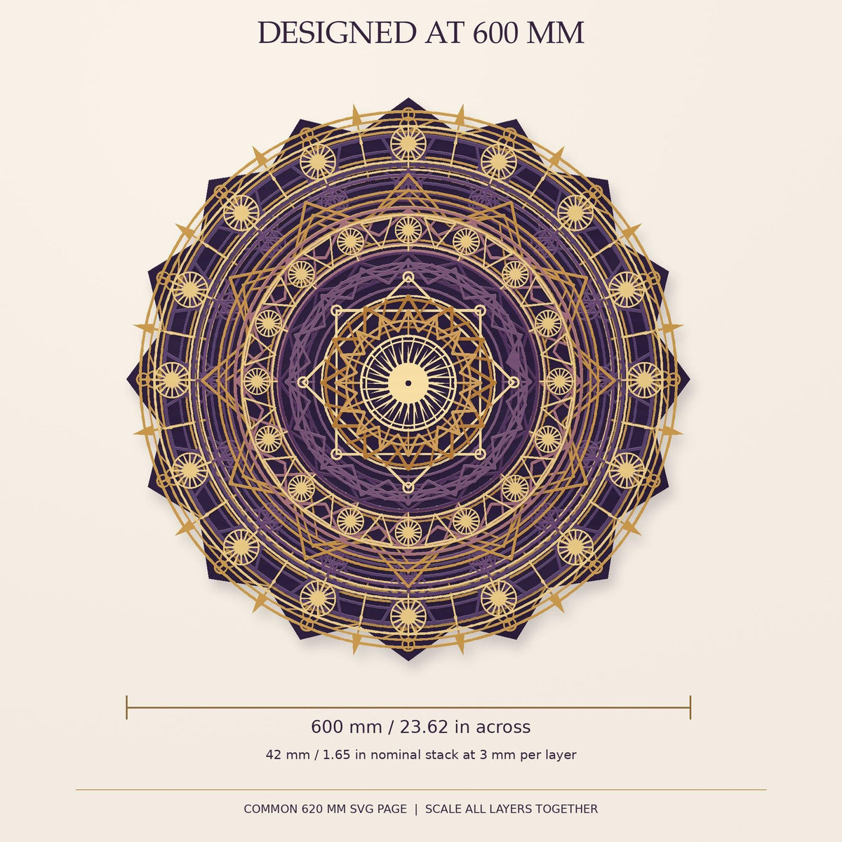 A diagram of the circular mandala showing dimension measurements of 600 mm across and 42 mm stack depth.