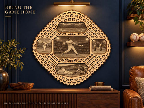 A 3D layered laser-cut wooden baseball mandala wall art piece hanging on a dark blue wall above a wooden console table.
