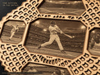 A close-up shot of the central baseball player engraving and the intricate layered wooden geometric frame details.