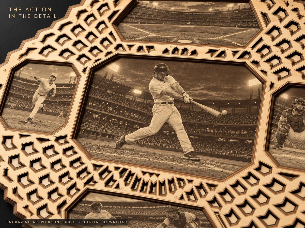 A close-up shot of the central baseball player engraving and the intricate layered wooden geometric frame details.