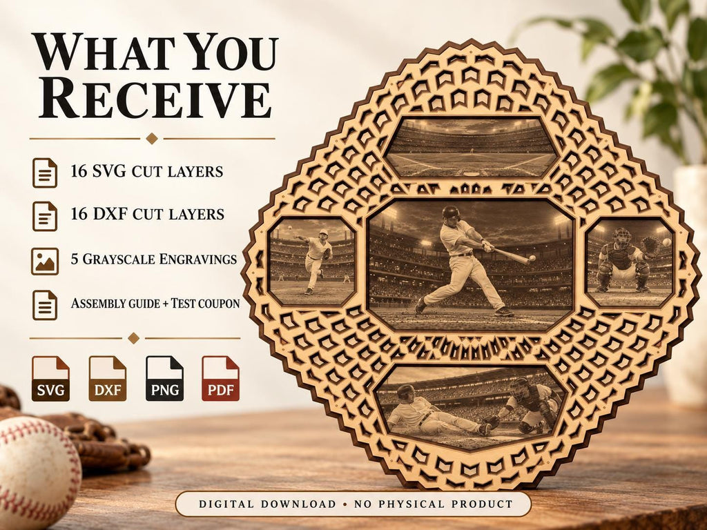 A 3D layered wooden baseball mandala displayed on a wooden surface next to file format icons and a baseball glove.