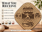 A 3D layered wooden baseball mandala displayed on a wooden surface next to file format icons and a baseball glove.