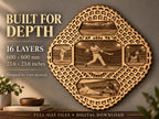 A 3D layered wooden baseball mandala on a display stand with text detailing dimensions and layer count.