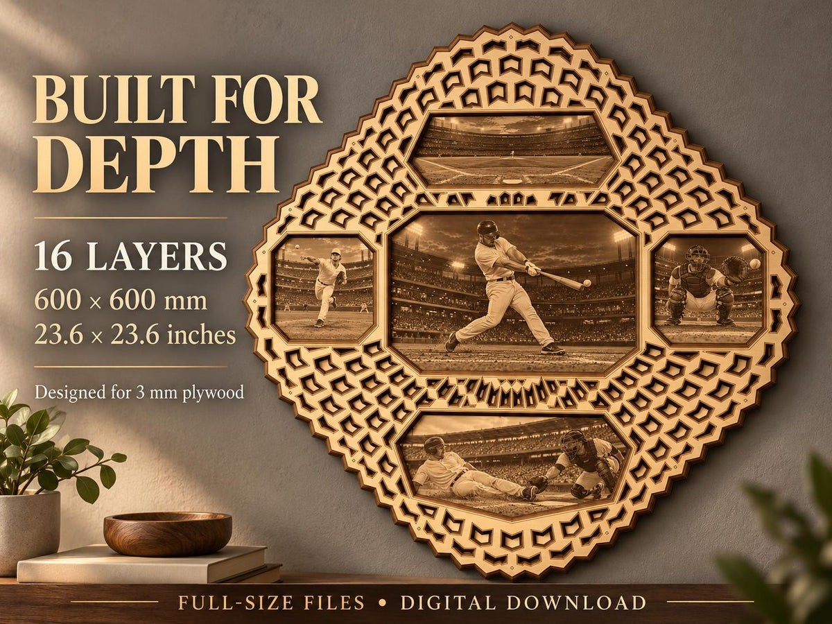 A 3D layered wooden baseball mandala on a display stand with text detailing dimensions and layer count.