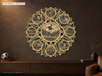 A layered wooden soccer mandala wall art piece with a dark blue and natural wood finish is mounted on a dark brown wall above a wooden console table.