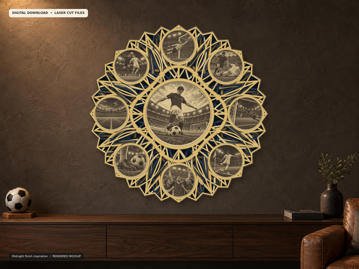 A layered wooden soccer mandala wall art piece with a dark blue and natural wood finish is mounted on a dark brown wall above a wooden console table.