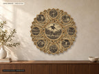 A natural wood finish layered soccer mandala wall art hanging on a light beige wall above a slatted wooden credenza with a small vase and bowl.