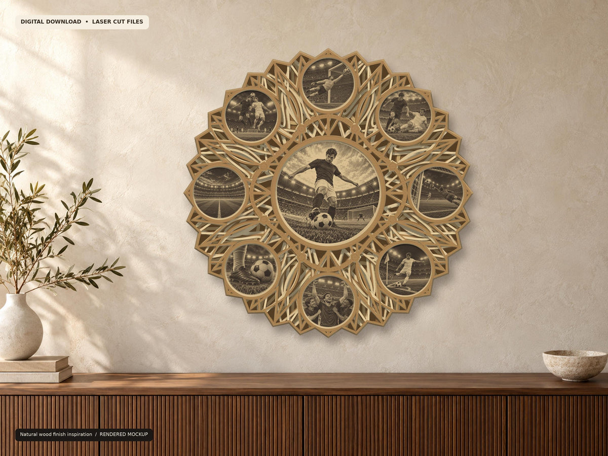 A natural wood finish layered soccer mandala wall art hanging on a light beige wall above a slatted wooden credenza with a small vase and bowl.