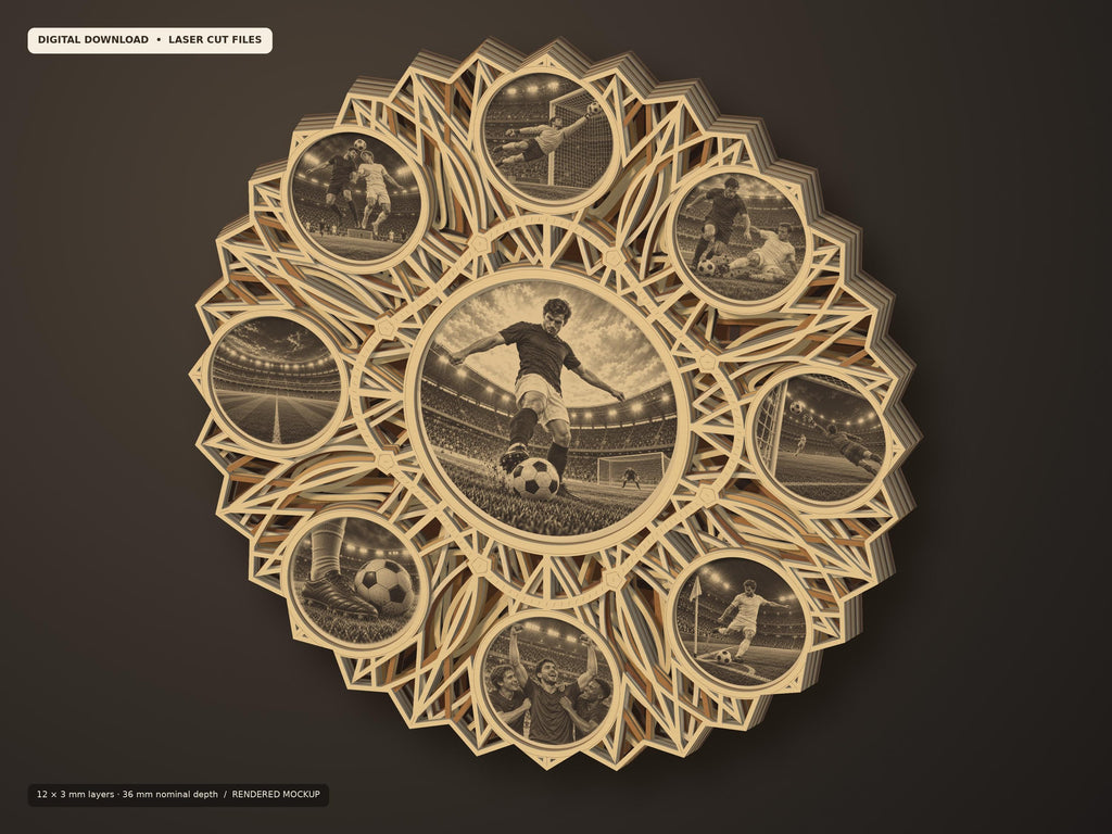 A three-dimensional perspective view of a multilayered wooden soccer mandala wall art piece showing its depth against a dark background.