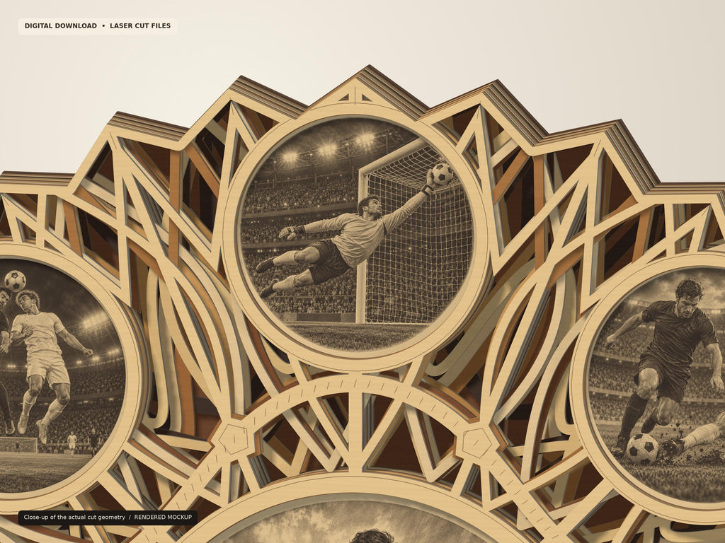 A close-up view highlighting the intricate laser-cut geometry and layered depth of the wooden soccer mandala showing a goalkeeper in action.