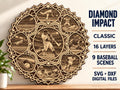A 16-layer wooden baseball mandala wall art hangs on a wooden surface beside text listing details and digital files available.