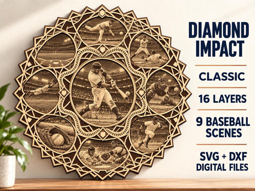 A 16-layer wooden baseball mandala wall art hangs on a wooden surface beside text listing details and digital files available.