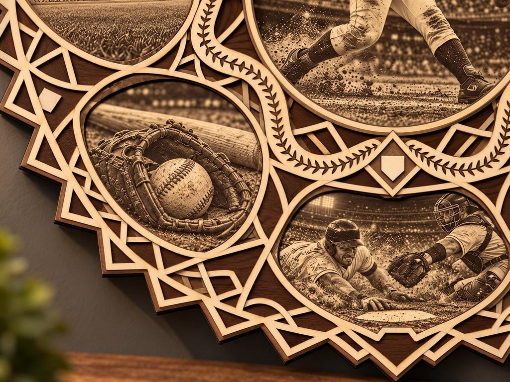 A close-up shot highlights the detailed laser-cut wooden layers showing engraved baseball scenes including a glove, ball, and sliding player.