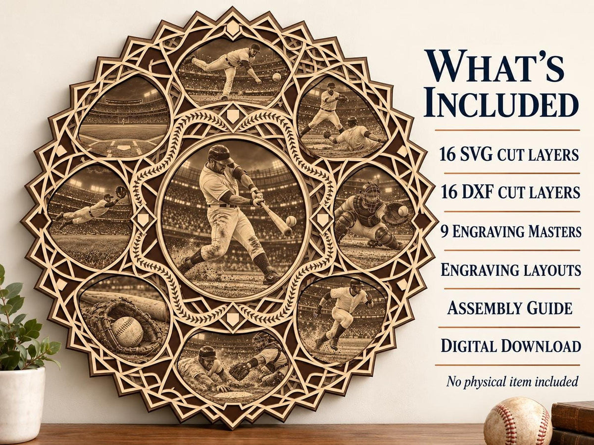 A wooden baseball mandala hangs on a wall next to text listing included SVG and DXF digital download files.