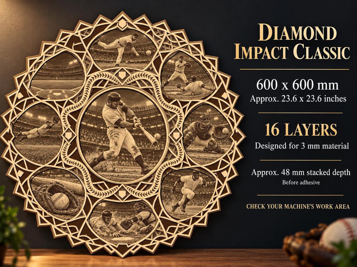 A layered wooden baseball mandala wall art piece is shown next to text detailing dimensions, layers, and material thickness.