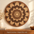 A wooden multi-layered mandala wall art featuring a lotus design hangs on a wall above a wooden console table with a vase of flowers.