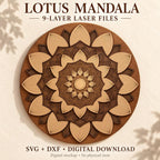 A round multi-layered wooden lotus mandala is centered on a textured background with text at the top and bottom stating Lotus Mandala 9-Layer Laser Files SVG plus DXF Digital Download.