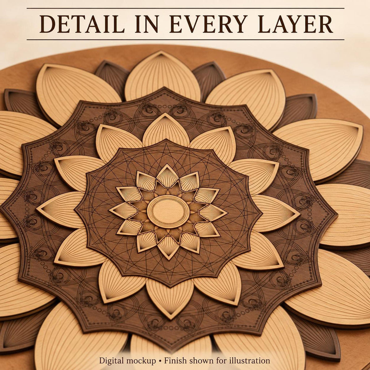 A close-up view of the central portion of the layered wooden lotus mandala showing intricate engraved details and concentric petal tiers.