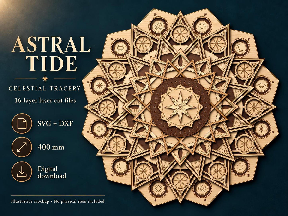 Listing graphic displaying the layered wooden mandala alongside text reading Astral Tide Celestial Tracery and product details.