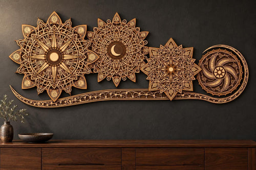 A large multi-layered wooden celestial mandala wall art piece mounted on a dark grey wall above a dark wood cabinet.