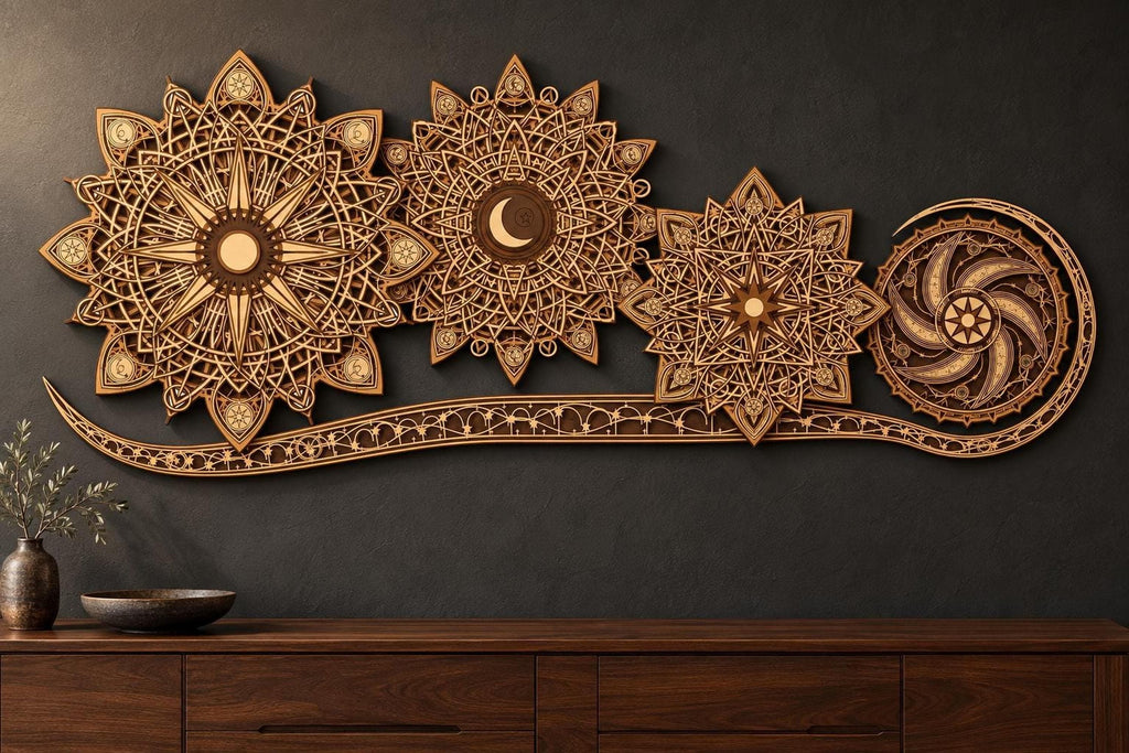 A large multi-layered wooden celestial mandala wall art piece mounted on a dark grey wall above a dark wood cabinet.