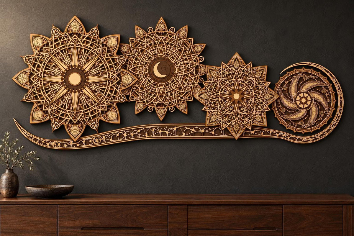 A large multi-layered wooden celestial mandala wall art piece mounted on a dark grey wall above a dark wood cabinet.