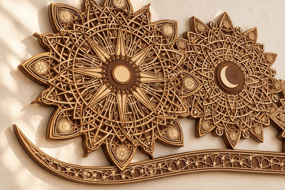 A detailed close-up of the intricate laser-cut layers of the sun and moon wooden mandala wall art.