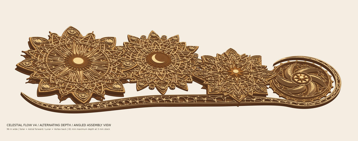 An angled digital mockup of the multilayer celestial wooden wall art assembly.