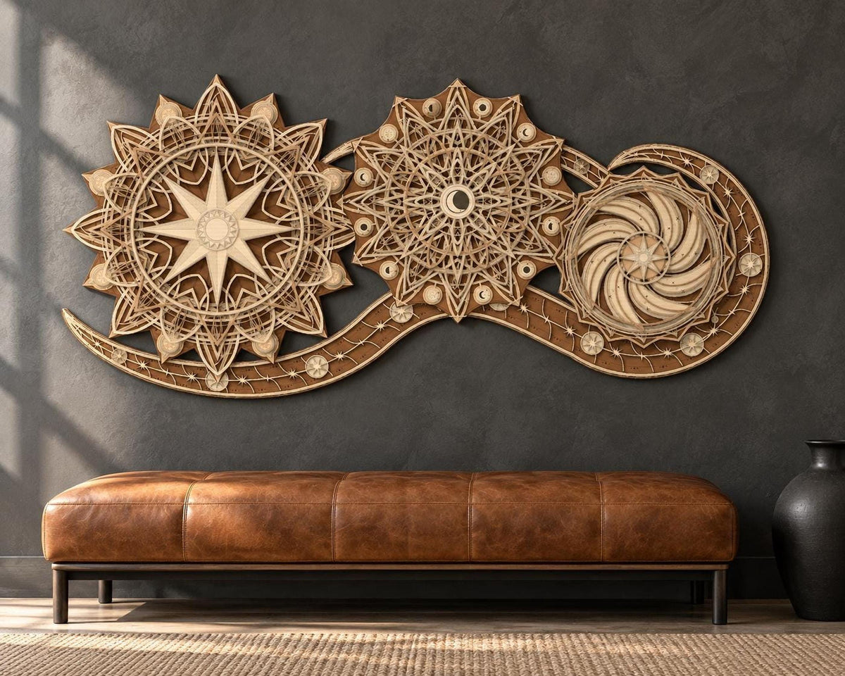 A layered wooden celestial wall art piece is mounted on a dark gray wall above a brown leather bench.