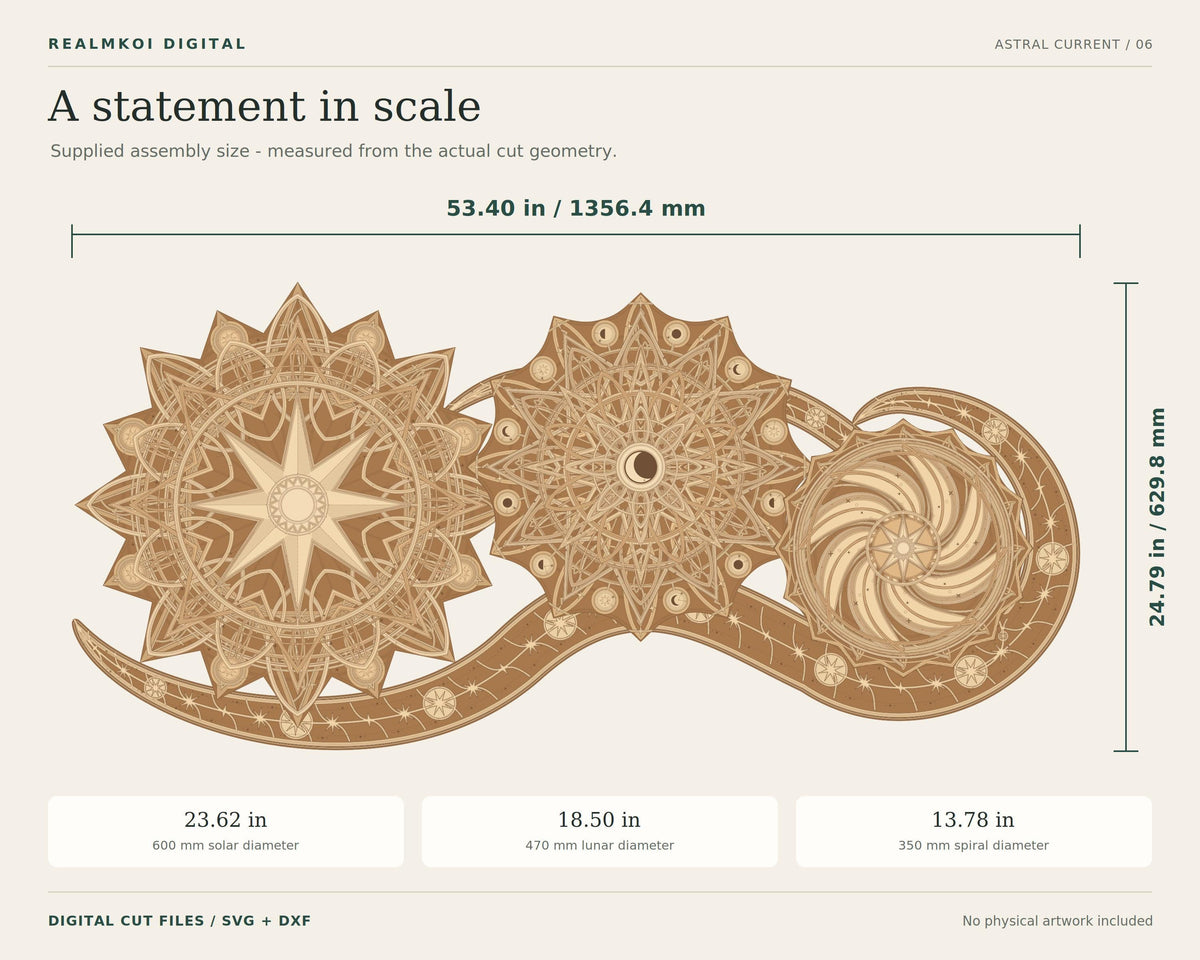 An informational graphic displays the overall dimensions of the celestial mandala bundle measuring 53.40 inches wide.