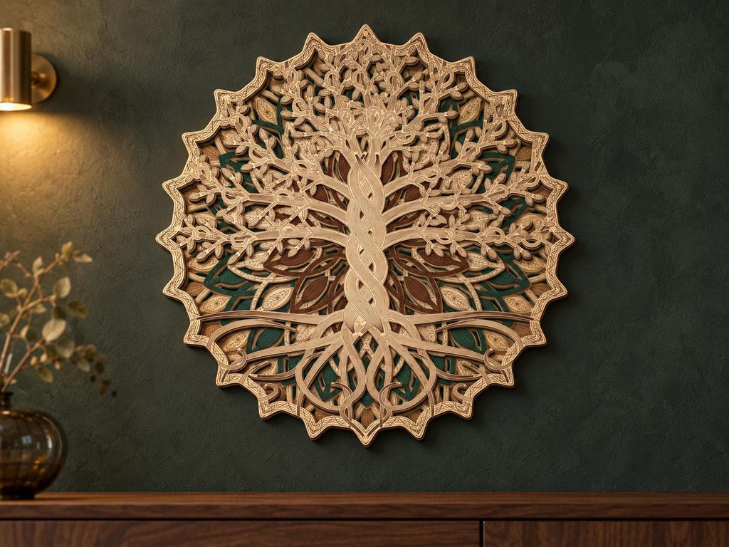A layered wooden tree of life mandala wall art piece hangs on a dark green wall above a dark wooden console table.