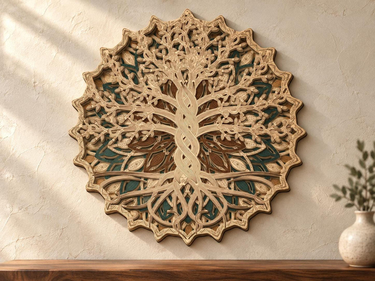 The circular multilayer wooden tree of life carving is mounted on a textured beige wall with a side table visible below.