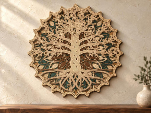 The circular multilayer wooden tree of life carving is mounted on a textured beige wall with a side table visible below.
