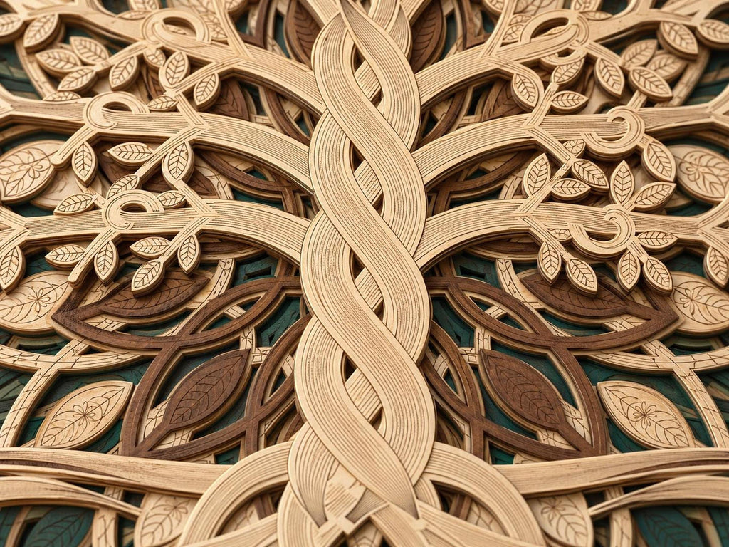 A close-up shot highlights the intricate layered wooden trunk and branches of the tree of life mandala with green and brown backing layers.