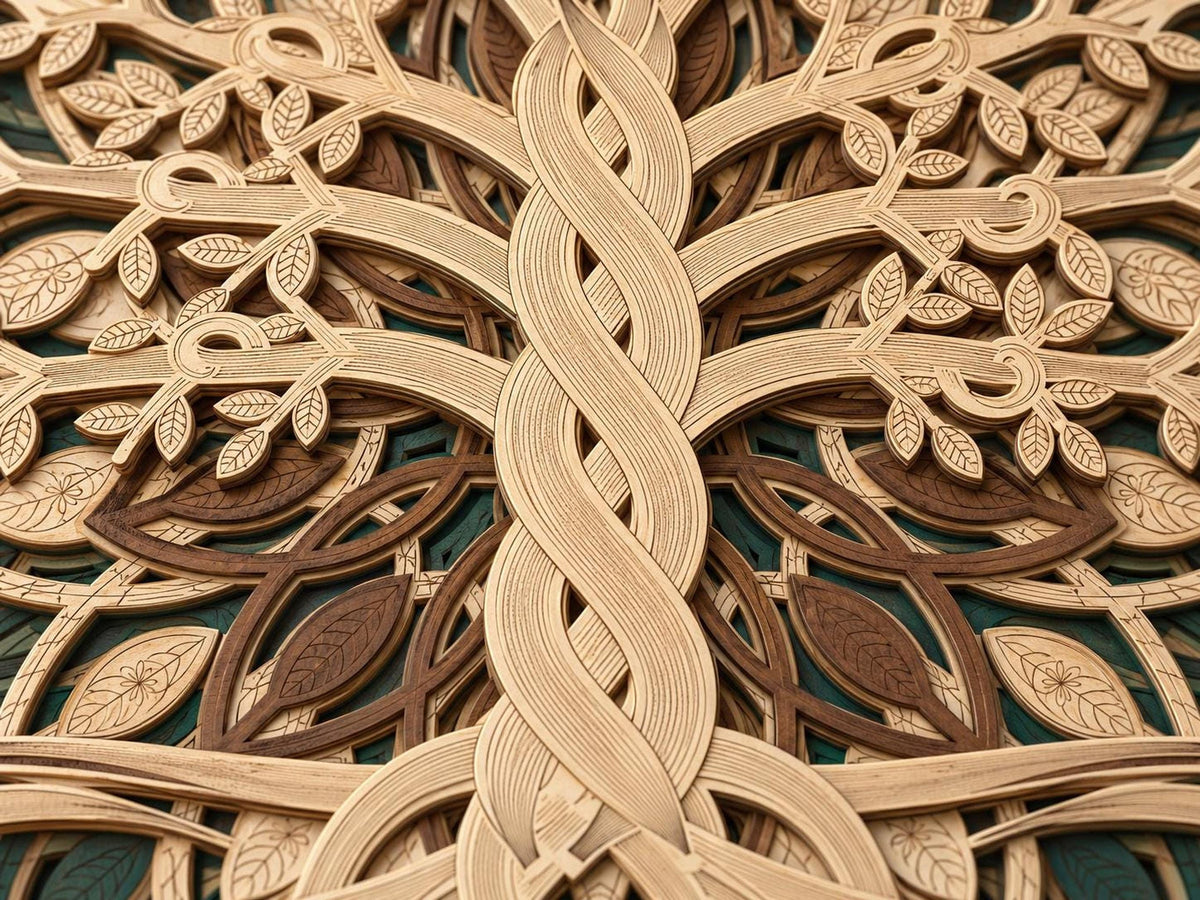 A close-up shot highlights the intricate layered wooden trunk and branches of the tree of life mandala with green and brown backing layers.