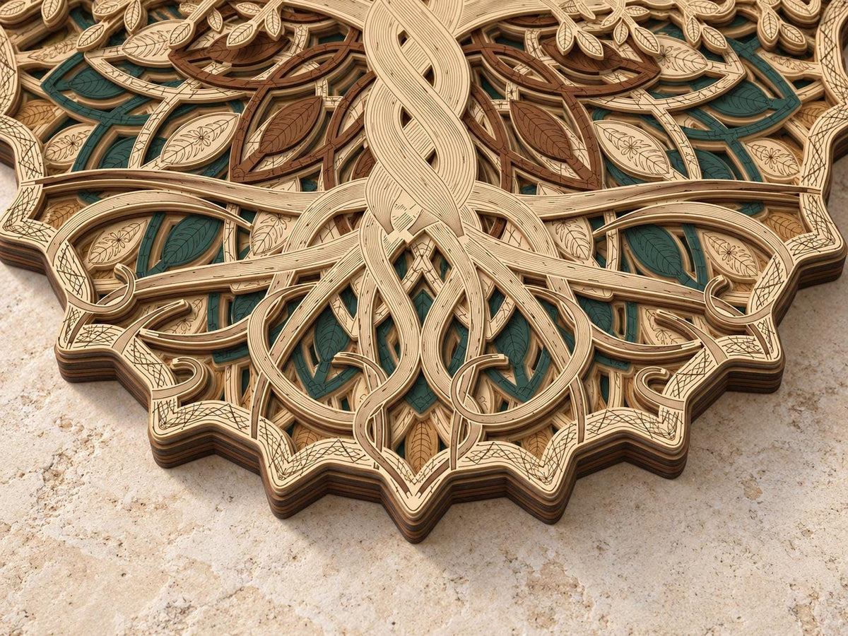 A detailed macro view shows the complex root system and geometric mandala layers of the wooden tree art resting on a textured surface.