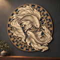 A circular layered wooden wall art piece featuring two carved koi fish in a yin yang formation against a dark wall, above a wooden console table with a small vase.