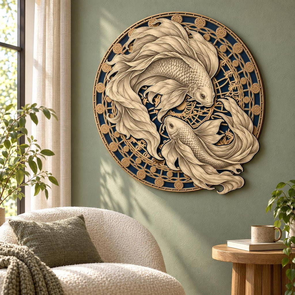 The layered wooden koi fish wall art displayed on a muted green wall in a living room with a white textured armchair and a small side table.