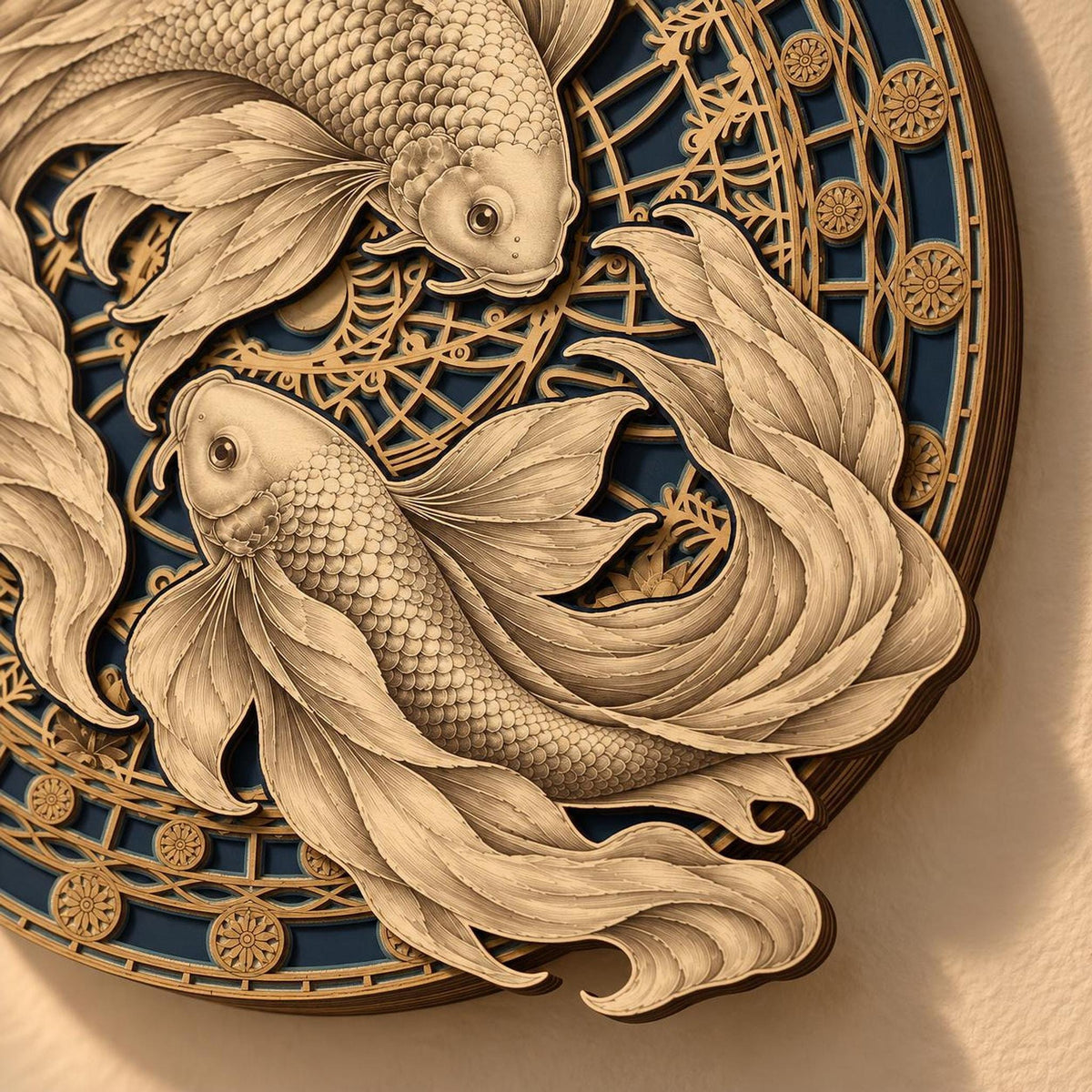 An angled close-up view showing the multiple layers and depth of the circular wooden koi fish wall hanging against a textured wall.