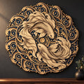 A circular wooden layered mandala hanging on a dark wall, featuring two carved koi fish in a celestial wave pattern.