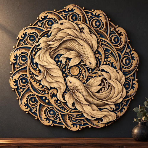 A circular wooden layered mandala hanging on a dark wall, featuring two carved koi fish in a celestial wave pattern.