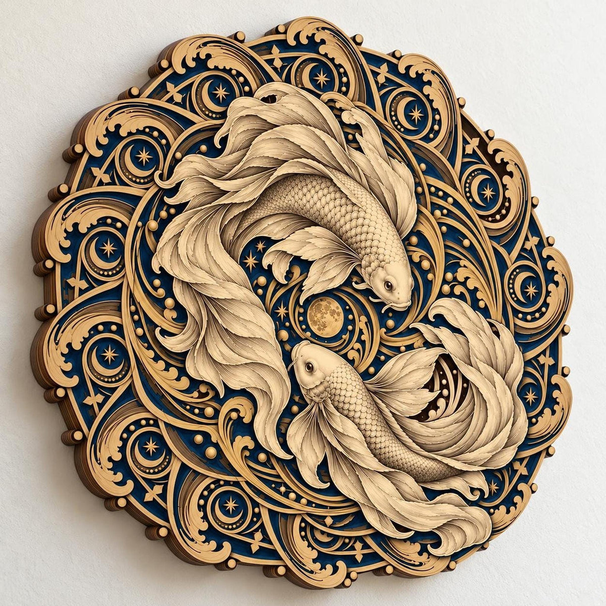 An angled close-up view of the multi-layered wooden koi mandala showing depth against a white wall.