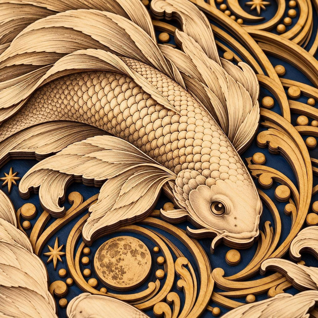 A macro detail shot focusing on the intricately engraved scales and flowing fins of the top koi fish layer.