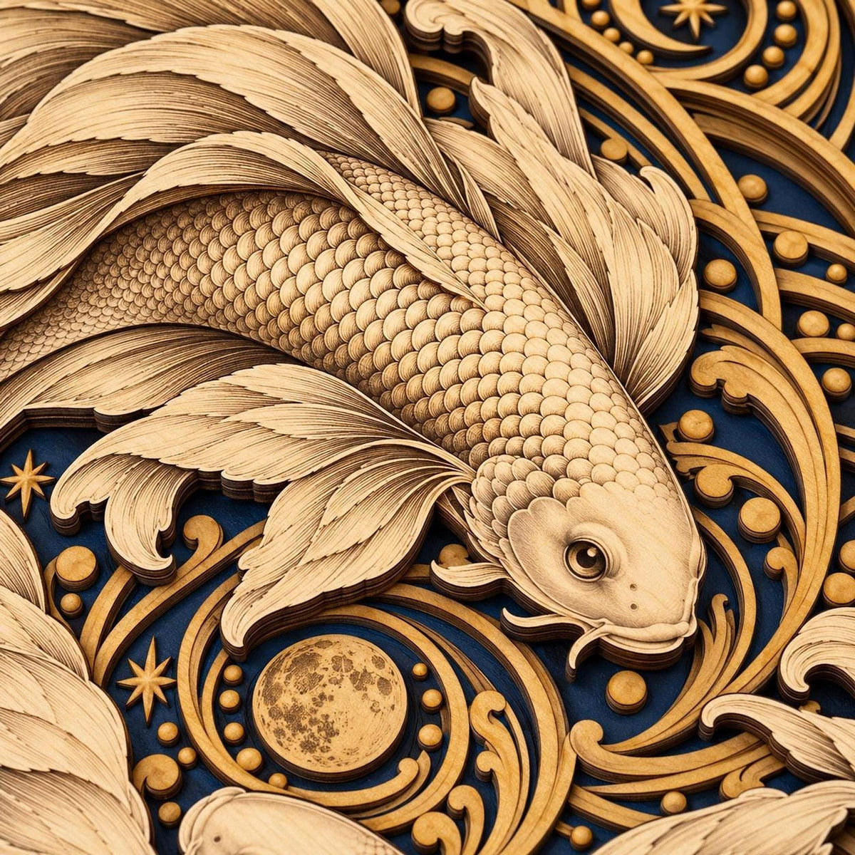 A macro detail shot focusing on the intricately engraved scales and flowing fins of the top koi fish layer.